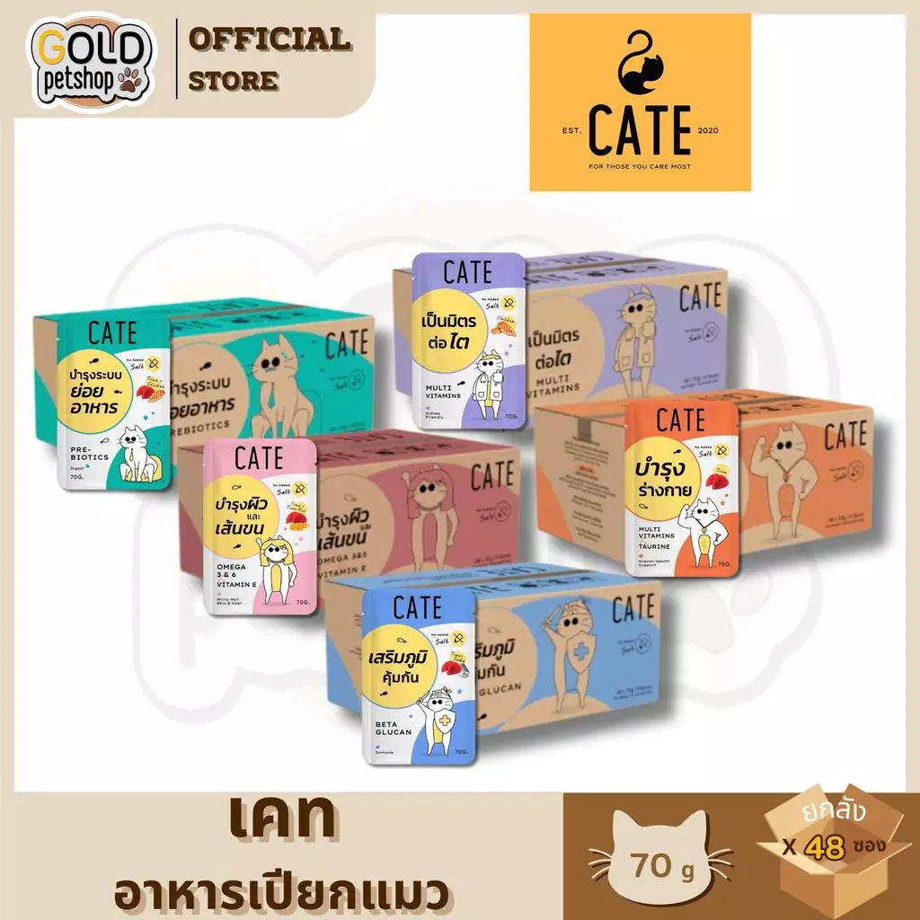 Cate Wet Food อาหารเปียกแมว 5 สูตร ไม่เติมเกลือ Vitamin E, A, B1, B2, B6, B12, D3, K3, Omega3,6 [ยกลัง 48 ซอง]