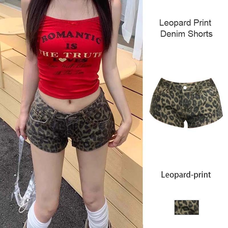 🌸ส่งไวจากไทย🌸 Hot Girl Leopard Print Shorts Women Fashion Low Waist Shorts Casual Denim Shorts Versa