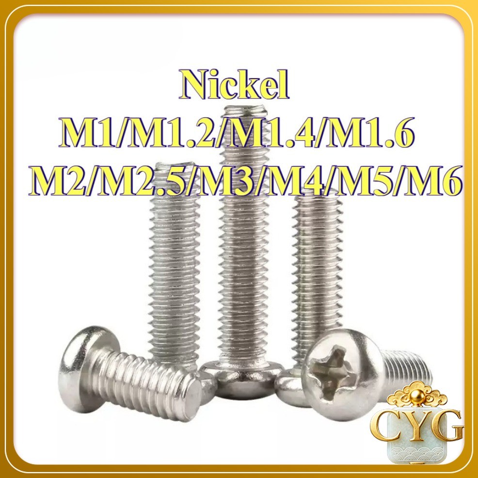 น็อต สกรู หัวกลมหัวแพน แฉก / P+ ชุบนิกเกิล /เกลียวมิล หยาบ M1/M1.2/M1.4/M1.6/M2/M2.5/M3/M4/M5/M6 * L