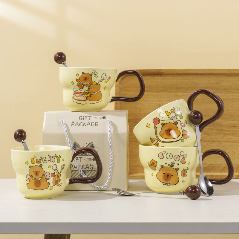 น่ารัก Capybara ถ้วยเซรามิคช้อนแก้วคู่ High-value การ์ตูน Capybara ถ้วย Shop Celebration ของที่ระลึก