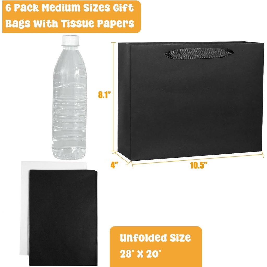 6 Pack Medium 10.5"x4"x8.1" Black Gift Bags with Tissue Papers, Kraft Shopping Bags with Ribbon Hand