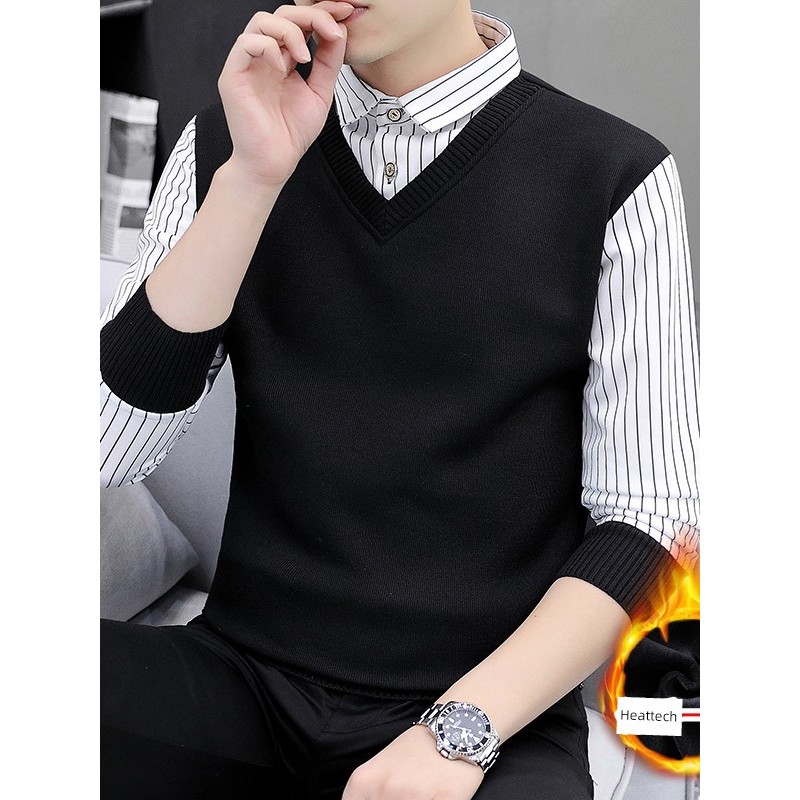 กันหนาว sweater ผู้ชาย เสื้อสเวตเตอร์รุ่นใหม่ฤดูใบไม้ร่วงและฤดูหนาวเสื้อสเวตเตอร์ผู้ชายปลอมสองชิ้นเส