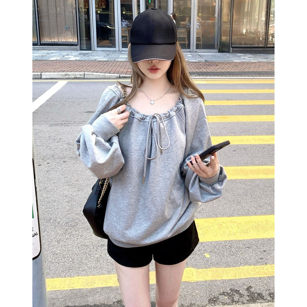 เสื้อสเวตเตอร์หลวมไหล่ผูกเชือกของผู้หญิงฤดูใบไม้ร่วงใหม่สไตล์เกาหลีเสื้อสวมหัวแขนยาว