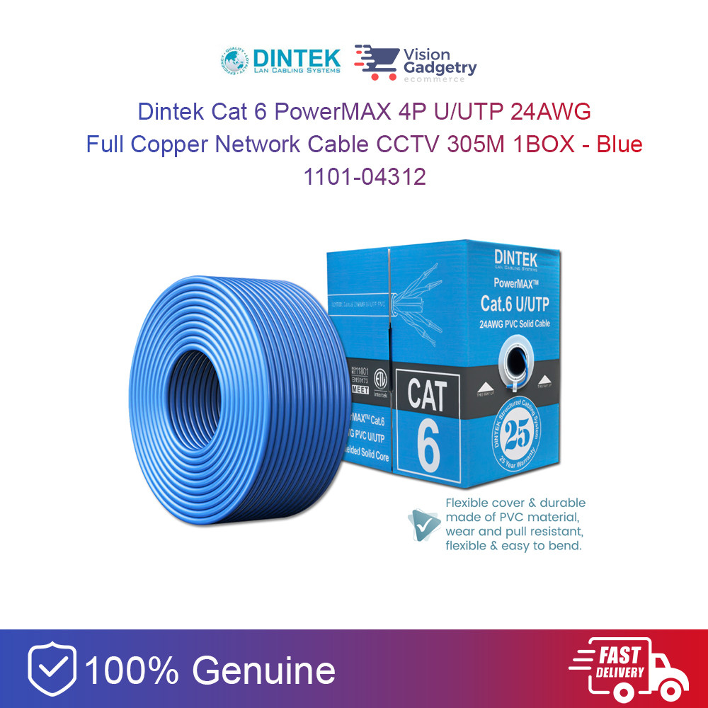 Dintek Cat 6 PowerMAX 4P U/UTP 24AWG Full Copper Network Cable CCTV 305M 1BOX - สีฟ้า 1101-04312