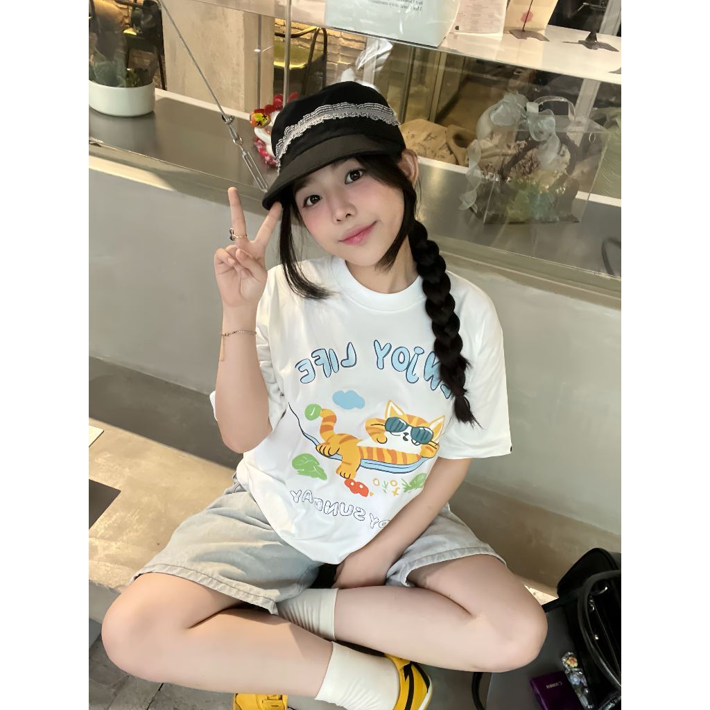 Local Brand Happy Sunday Dog - Cat Enjoy Life เสื้อยืดทรงหลวม Unisex