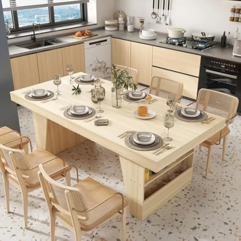 78.7" W โต๊ะรับประทานอาหารพร้อมชั้นเก็บของ 4 ชั้นสําหรับ 8-10 คน, โต๊ะอาหารค่ําไม้ที่ทันสมัยสําหรับห