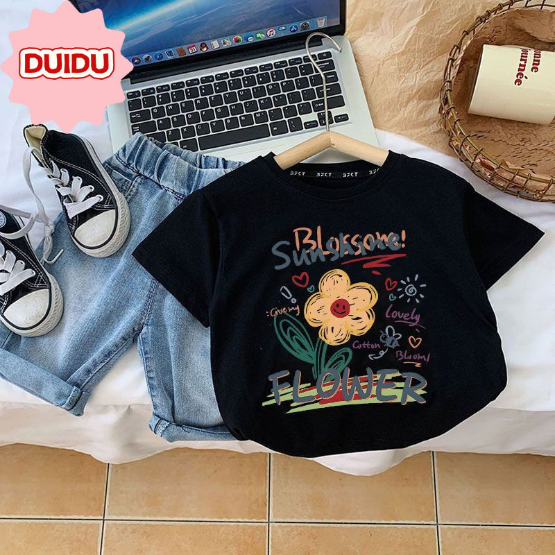 220G เสื้อยืดผ้าฝ้าย 100%DU Girl Tshirt (1-13Y) ดอกไม้พิมพ์แขนสั้น T เสื้อเกาหลีแฟชั่นรอบคอ