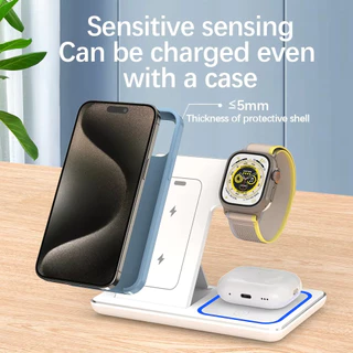 แท่นชาร์จแบบไร้สาย 30 วัตต์ LED 3 In 1 แท่นชาร์จแบบไร้สายสำหรับ iPhone12-16 Apple Watch 6-9 การออกแบบการชาร์จขดลวดคู่