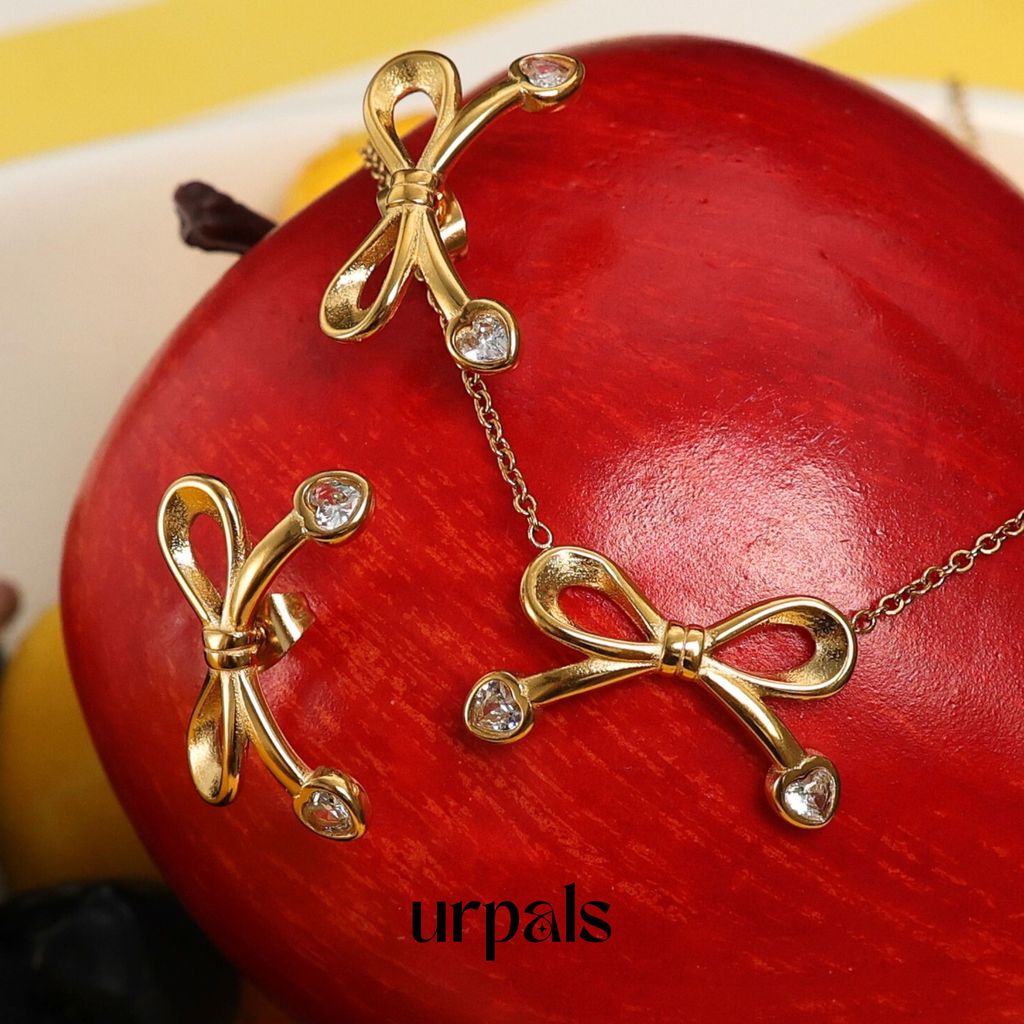 URPALS  ต่างหู สร้อยคอ ลายโบว์ Stainless ชุบทอง 18K ใส่ได้ทุกวัน ไม่ลอกไม่ดำ