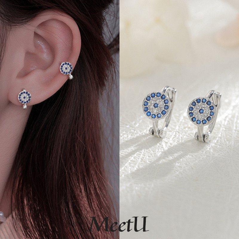 ต่างหูเงินSterling Silver 925 ดีไซน์เรขาคณิต มีลูกแก้วสีฟ้า