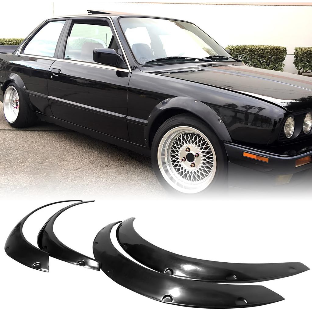Fender Flares, ใช้งานร่วมกับ 1984-1992 BMW E30 3 Series Coupe, JDM สไตล์ PU สีดําฝาครอบล้อ, ด้านหน้า