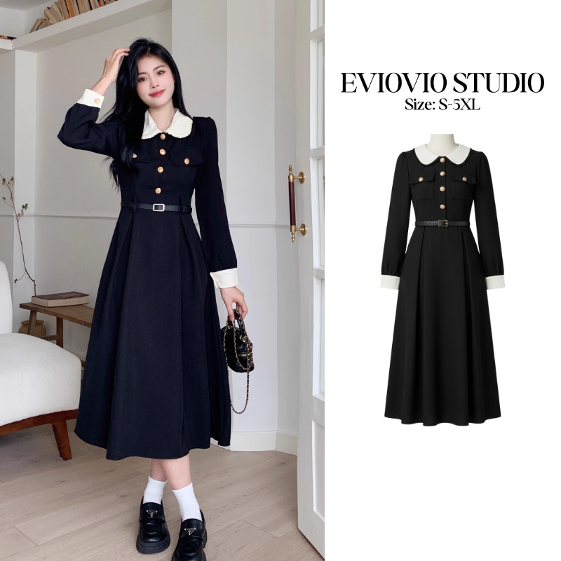 【EVIOVIO】ชุดเดรสทรงคอวี ฤดูใบไม้ร่วงใหม่ รัดเอว ทรงสวย เดรสสีดำ สุภาพและดูหรู (S-5XL) ส่งในทย