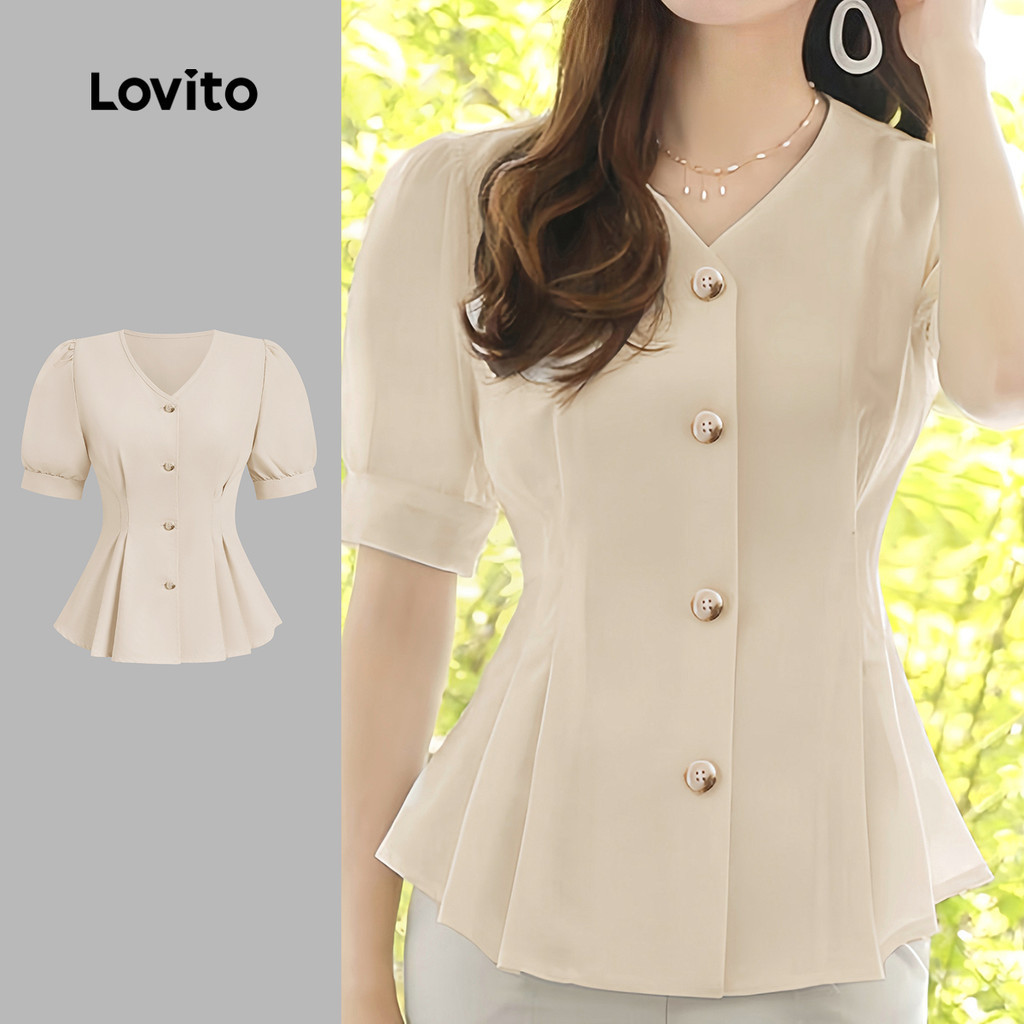 Lovito เสื้อเชิ้ตแอปริคอทฤดูใบไม้ผลิ/ฤดูร้อนปุ่มธรรมดาหรูหราสําหรับผู้หญิง L134ED063