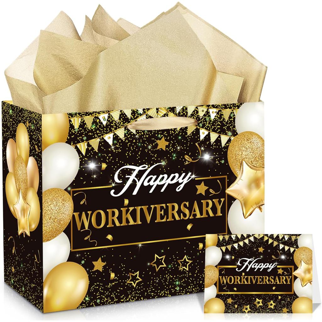 Happy Work Anniversary Bag พร้อมกระดาษทิชชู่และการ์ด สีดําทองขนาดใหญ่ Happy Workiversary ห่อถุงของขว