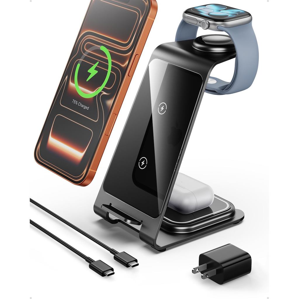 Intoval 3 in 1 สถานีชาร์จไร้สายสําหรับiPhone 17 16 15 14 13 12 11 X Pro Max,เครื่องชาร์จไร้สายสําหรั