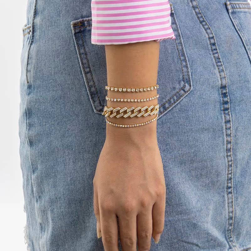 Blingbling Diamond-encrusted Full Diamond Bracelet 4 ชิ้นชุดที่ไม่ซ้ํากัน Hip-Hop Influencer Classy 