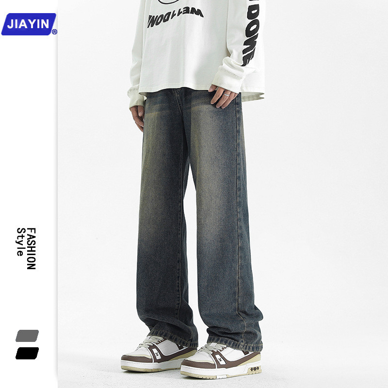 กางเกงยีนส์ผู้ชาย แฟชั่นอเมริกันวินเทจ baggy jeans y2k กางเกงยีนส์ไล่ระดับสีดำฟอกสำหรับผู้ชาย2024ใหม