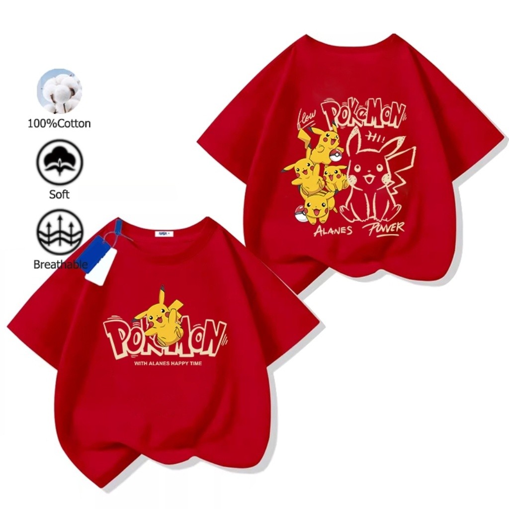 เสื้อเด็ก เสื้อยืดเด็ก เด็กชาย Pokemon Pikachu ผ้าฝ้ายแท้ สบายและนุ่ม ลายพิมพ์การ์ตูนน่ารัก (จัดส่งตลอด 24 ชั่วโมง) ราคา ถูกที่สุด ดีลบีเคเค แกลเลอรีภาพที่ 4