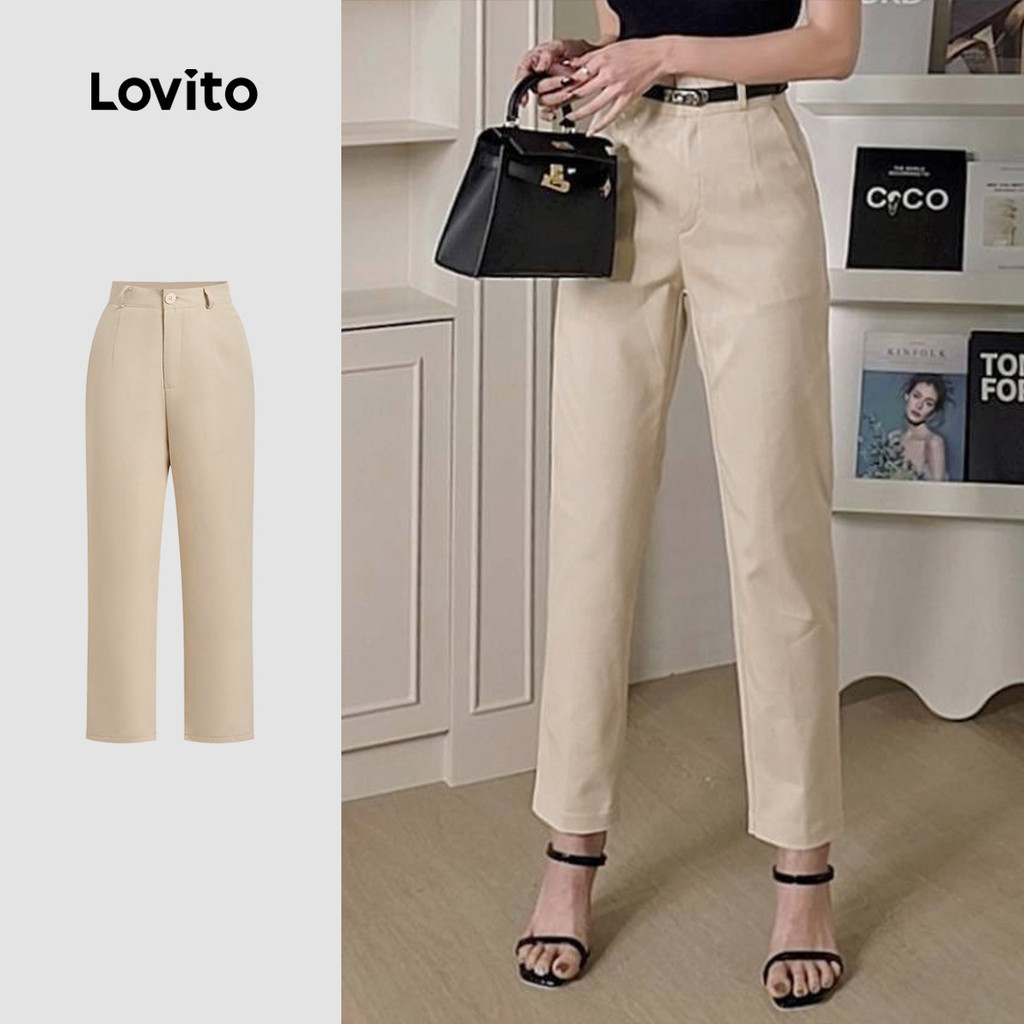 Lovito กางเกงชาวเขาสบายๆ ซิบ กระดุม กระเป๋า ใส่ได้ทุกฤดู สีกากี L142ED145