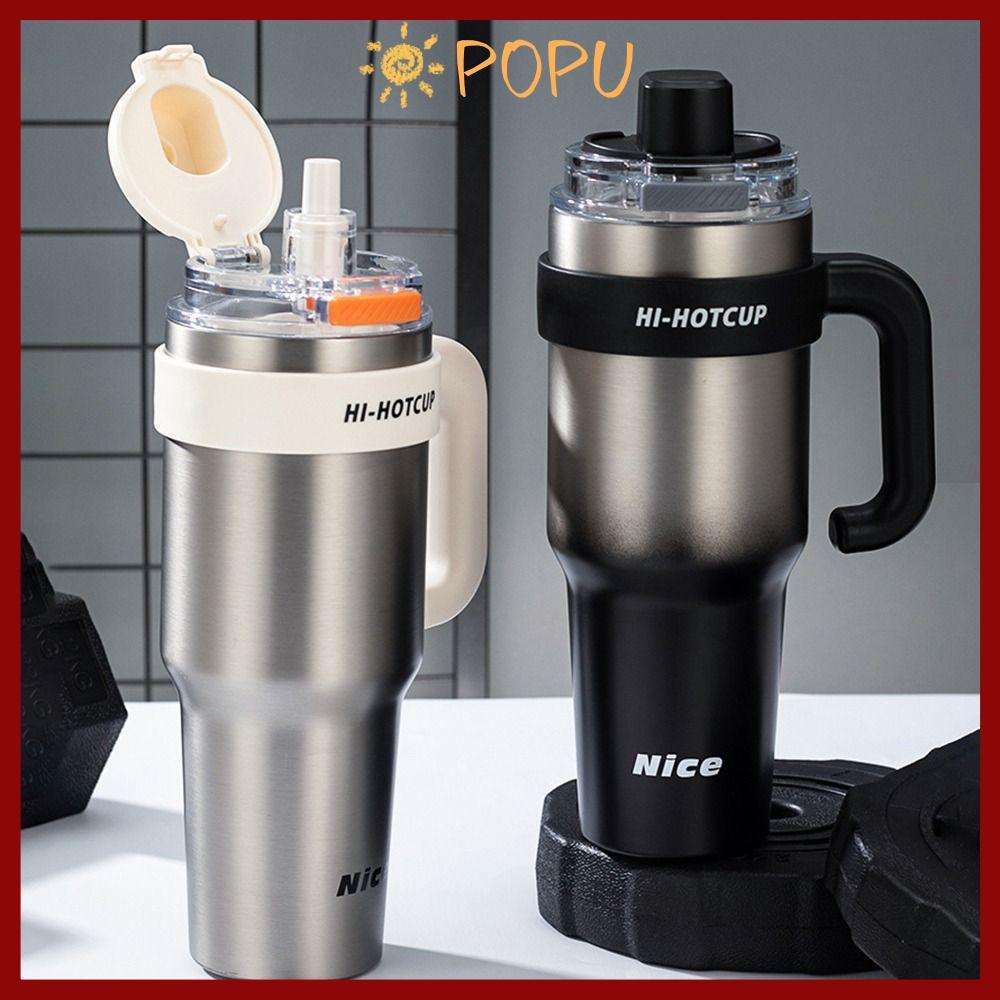 โปปู แก้วเก็บความเย็นพร้อมหลอด 40 ออนซ์ 1200 มล. แก้วกาแฟสแตนเลส 316 ฉนวนกันความร้อนเคลือบเซรามิก ความจุสูง