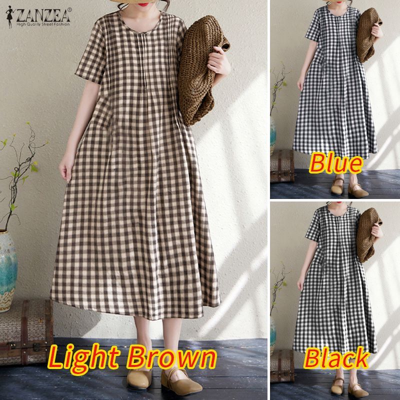 ZANZEA ชุดเดรสคอกลมแขนสั้นลายสก๊อตแบบ Midi สําหรับผู้หญิง - รูปที่ 2