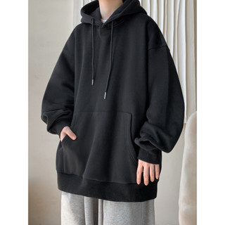 เสื้อกันหนาวมีฮู้ดสไตล์เกาหลี แขนยาว ไซส์ใหญ่ สีทึบ สวมใส่ง่…