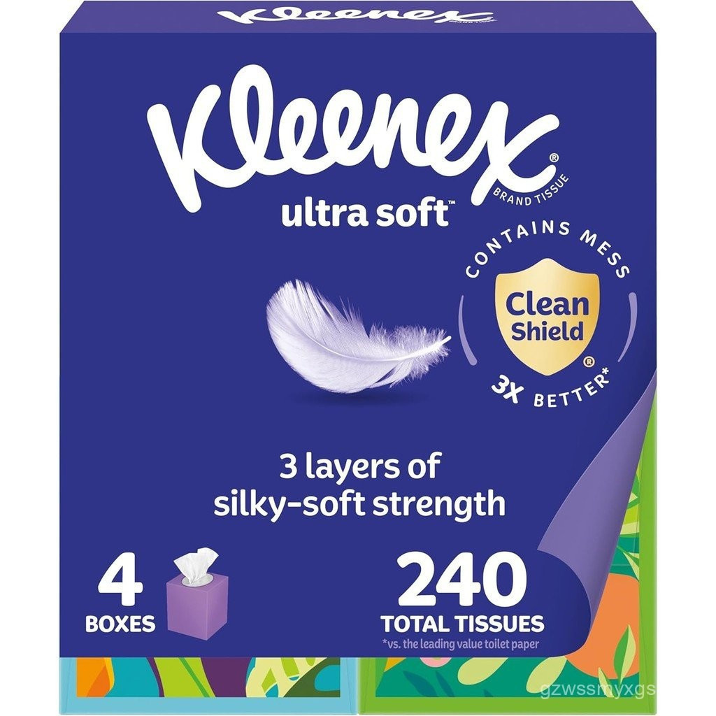 กระดาษเช็ดหน้า Kleenex Ultra Soft, กล่อง 4 Cube, กล่องละ 60 ทิชชู่, 3 ชั้น (240 รวม), บรรจุภัณฑ์พฤษภ