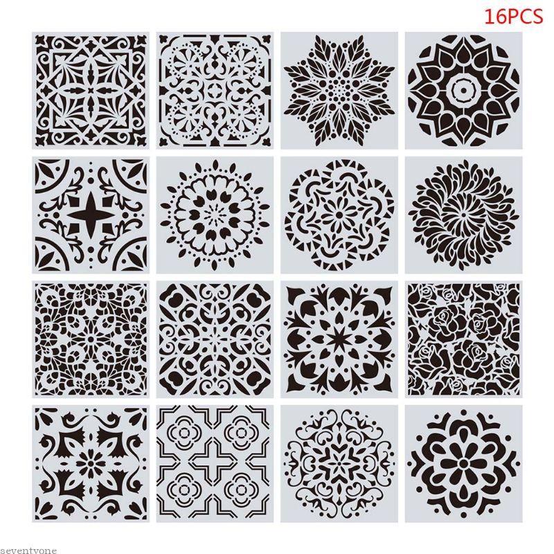 SV 16 ชิ้นชุด Mandala Stencils DIY วาดแม่แบบภาพวาดผนังสําหรับกระเบื้อง Rock ตกแต่งบ้าน