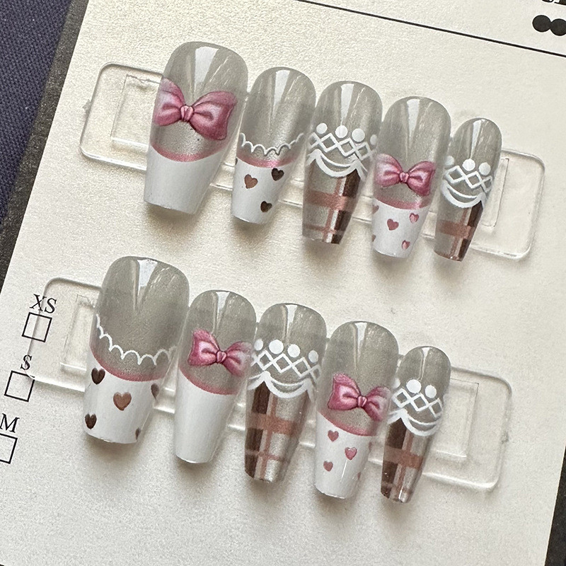 โบว์หัวใจรัก 6189#手工穿戴甲半手工纯手工美甲假指甲贴片猫眼