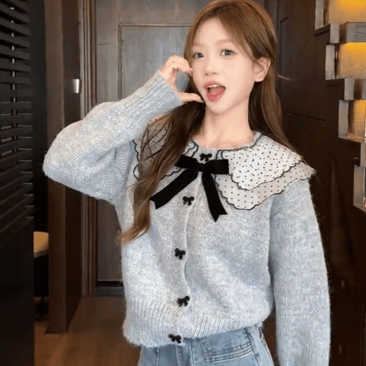 ฤดูใบไม้ร่วงและฤดูหนาวสไตล์เกาหลีตุ๊กตาคาร์ดิแกนหลวมโบว์เสื้อถักเสื้อกันหนาวสำหรับผู้หญิง