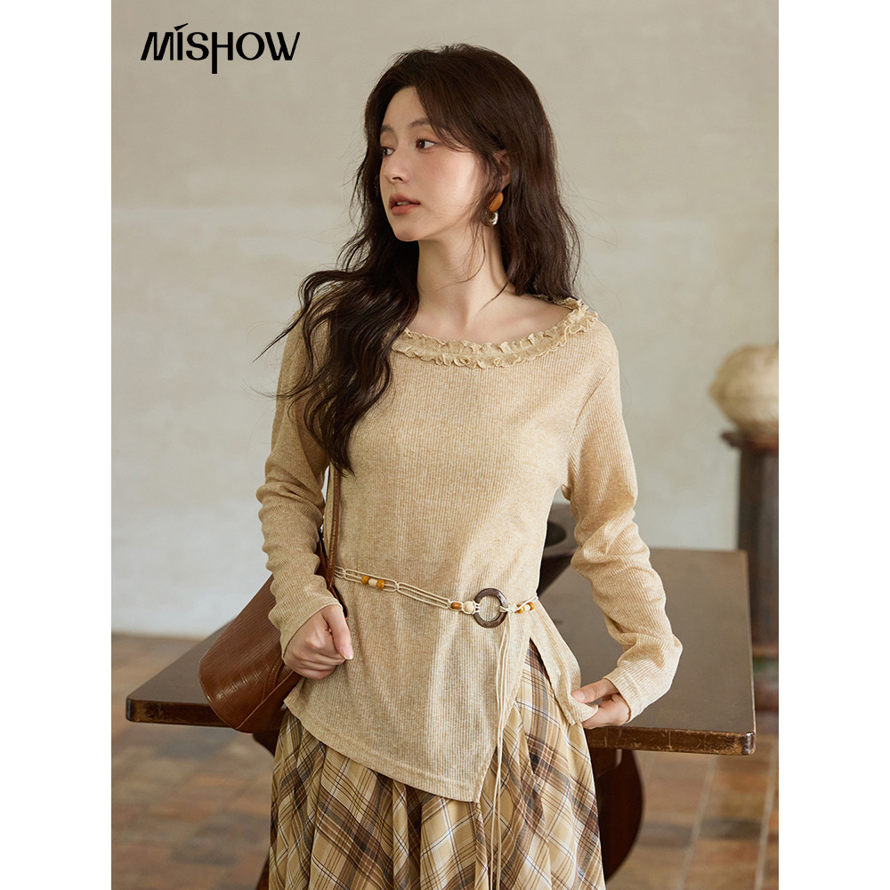 MISHOW ฤดูใบไม้ร่วง Apricot Ramie ถักด้านบน Bohemian เข็มขัดบางถักสีดําเชื้อราขอบปกไม่สมมาตรด้านข้าง