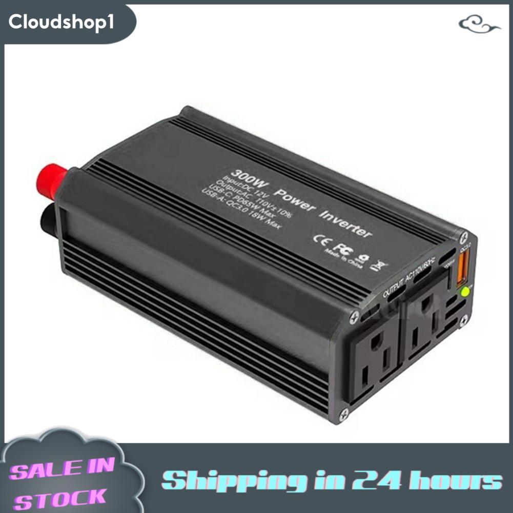 Cloudshop1 Cloudshop1 300W เครื่องแปลงไฟ 12V DC ถึง 110V AC ยานยนต์แหล่งจ่ายไฟแปลง QC3.0 พร้อม PD65W