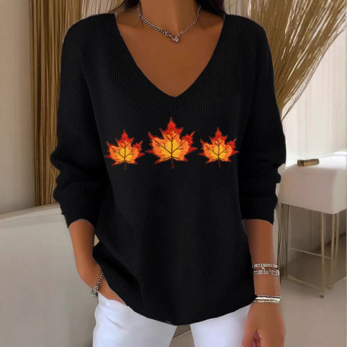 2025JIT แฟชั่น Dropped ไหล่ V คอยาวแขนยาวฤดูใบไม้ร่วง Leaf 3D Digital พิมพ์เสื้อยืดผู้หญิง 11.8T