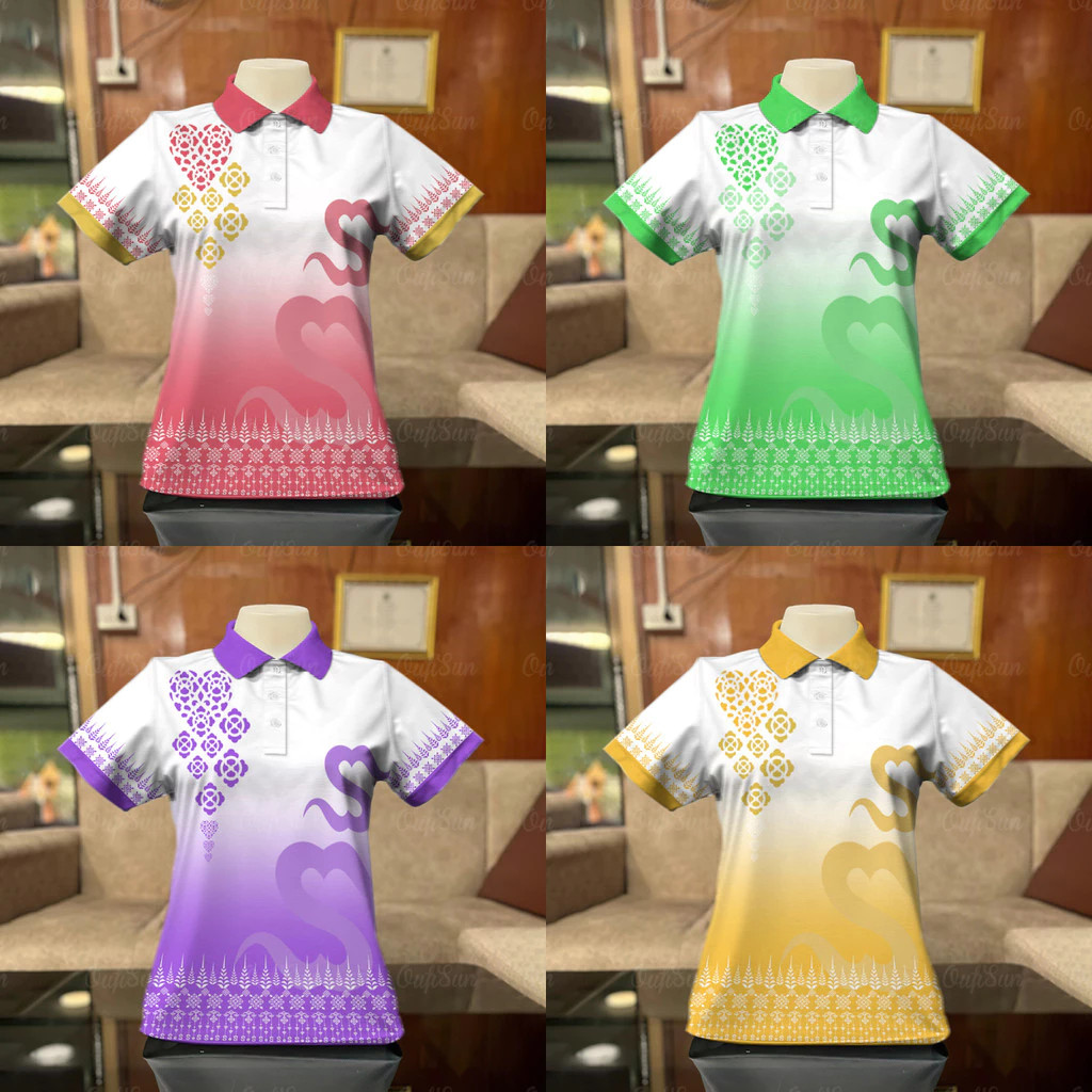 Thai Royal Pattern เสื้อโปโลผู้หญิงไมโครไฟเบอร์ลําลองหลวมไทยเสื้อโปโลปุ่มคอปกกีฬากลางแจ้ง Breathable