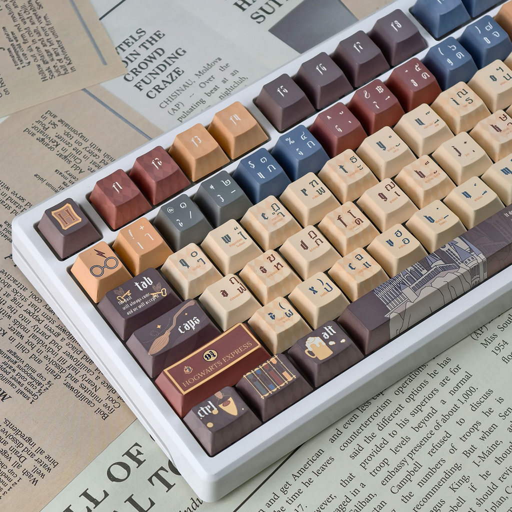 Harry Potter ปุ่มกดภาษาไทย MOA/โปรไฟล์เชอร์รี่ PBT 129 คีย์ Wooting Aula F75 Dye Sublimation Round Keycaps Cool Brown Magic School Hedwig Hogwarts Keycap
