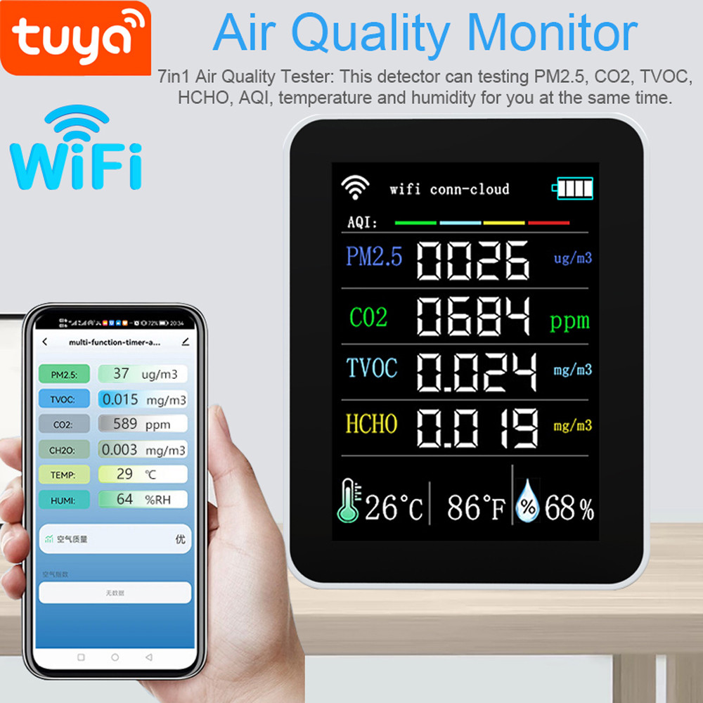 Joyfeel-TH Tuya Wifi เครื่องวัดคุณภาพอากาศแบบพกพา 7in1 PM2.5 CO2 TVOC HCHO AQIอุณหภูมิความชื้นTester