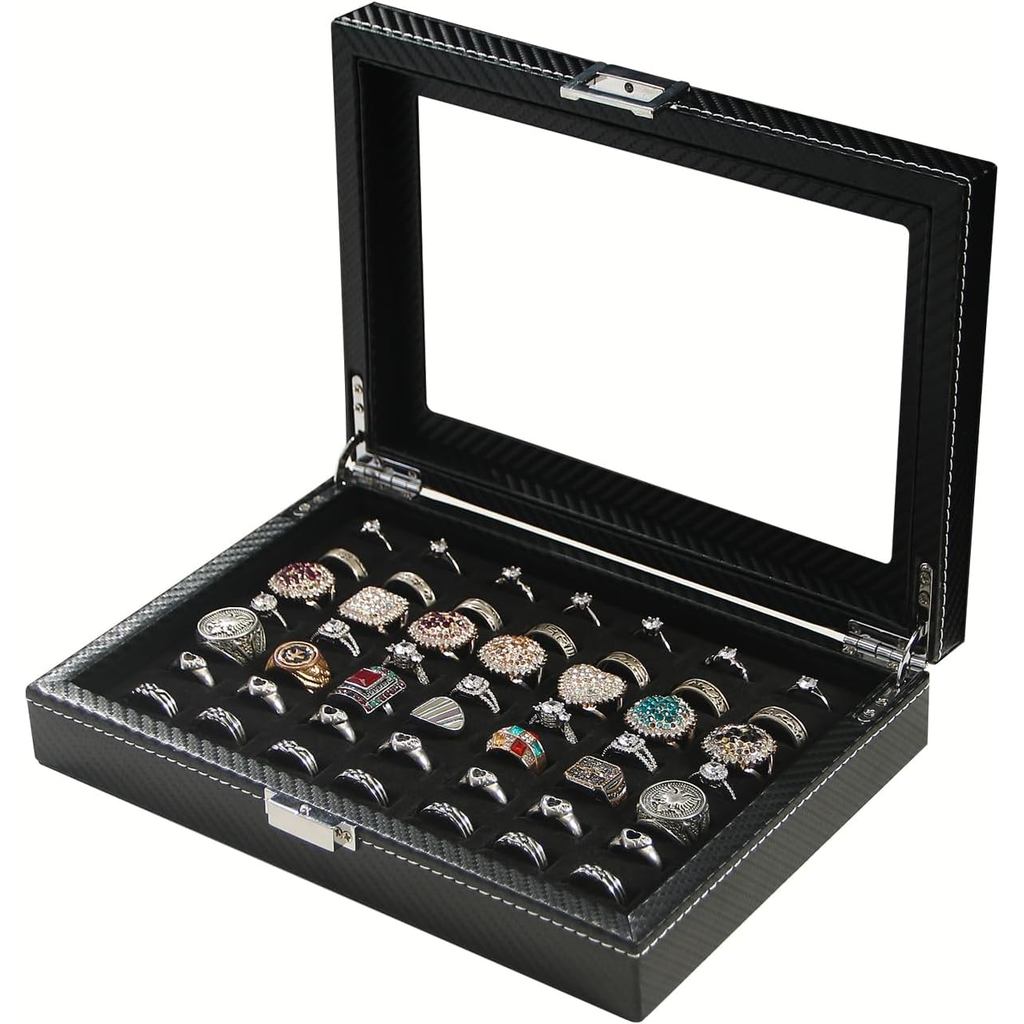 Byken คาร์บอนไฟเบอร์แหวน Organizer สําหรับเครื่องประดับ,แหวนกรณี,ขนาดเล็กกล่องเครื่องประดับ,49 ช่อง 