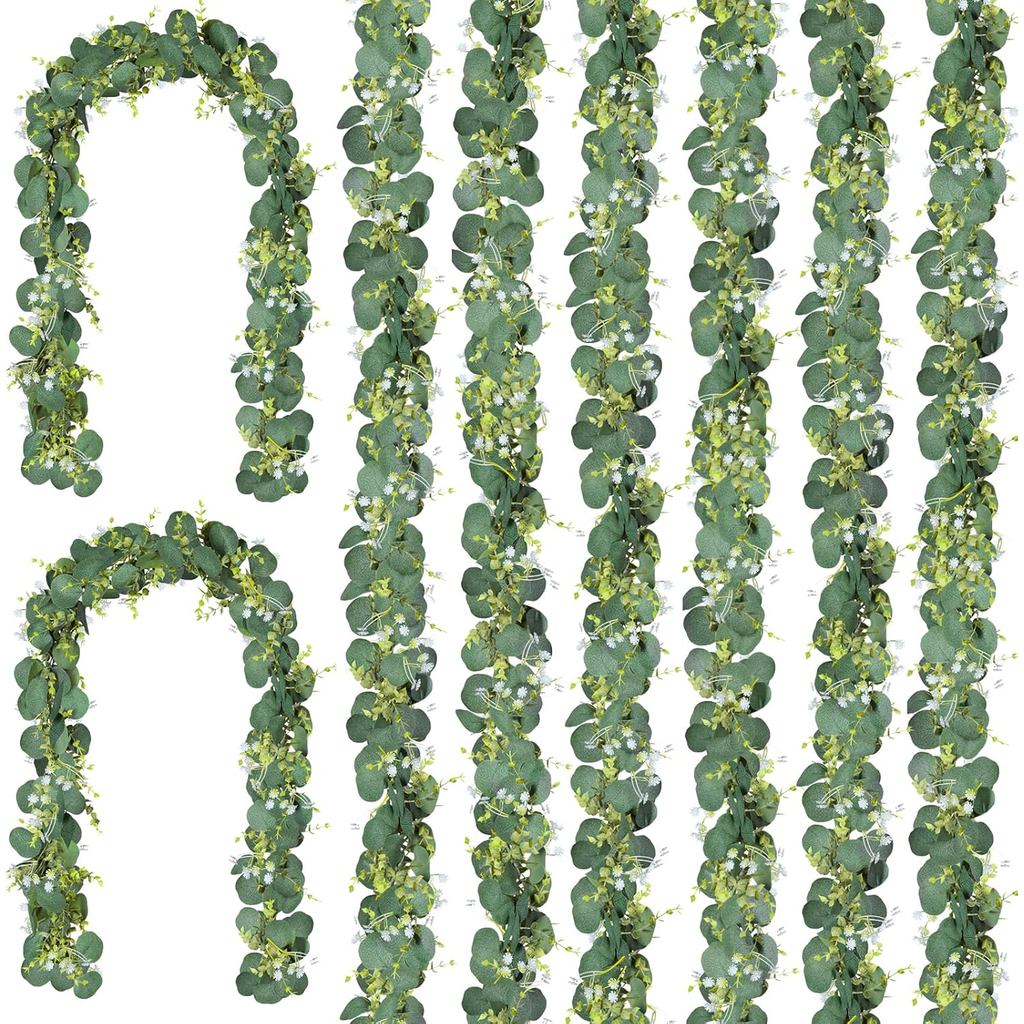 CQURE 8 แพ็ค 5.9Ft Eucalyptus Garland,ประดิษฐ์ Eucalyptus ดอกไม้ใบตาราง Greenery Garland พวงหรีด Vin