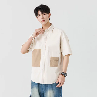 M-3XL เสื้อเชิ้ตแขนสั้นทรงเรียบง่าย คอเสื้อสีบล็อกทันสมัย ​​ทรงหลวม เสื้อคาร์ดิแกนอเนกประสงค์สำหรับผู้ชาย