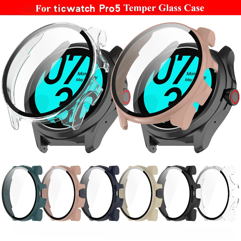 กระจกนิรภัย + ฝาครอบสําหรับ Ticwatch Pro 5 สมาร์ทวอท์ชเกราะป้องกันกันชนป้องกันหน้าจอสําหรับ Tic นาฬิ