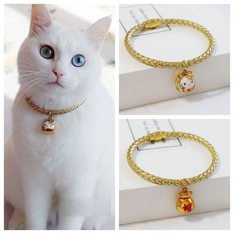 ปลอกคอแมวสีทอง แฮนด์เมด ใส่ได้ทั้งแมว สุนัข กระต่าย - PU