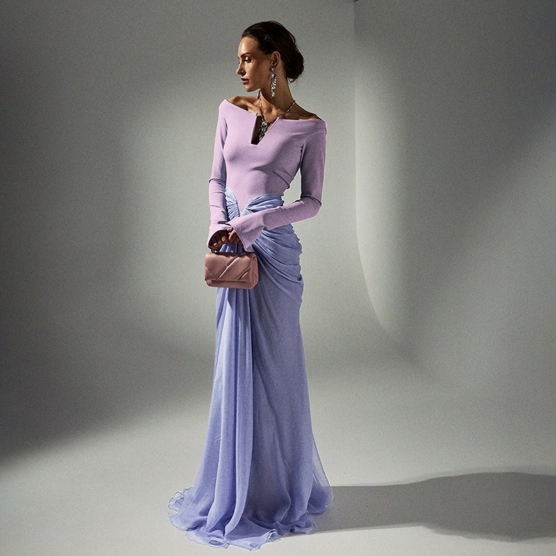 แปลก Puss Elegant Ruched ชุดสตรีแนวโน้ม Slash คอ Patchwork Full แขนแยกยืดผอมแฟชั่นจัดเลี้ยง Vestidos