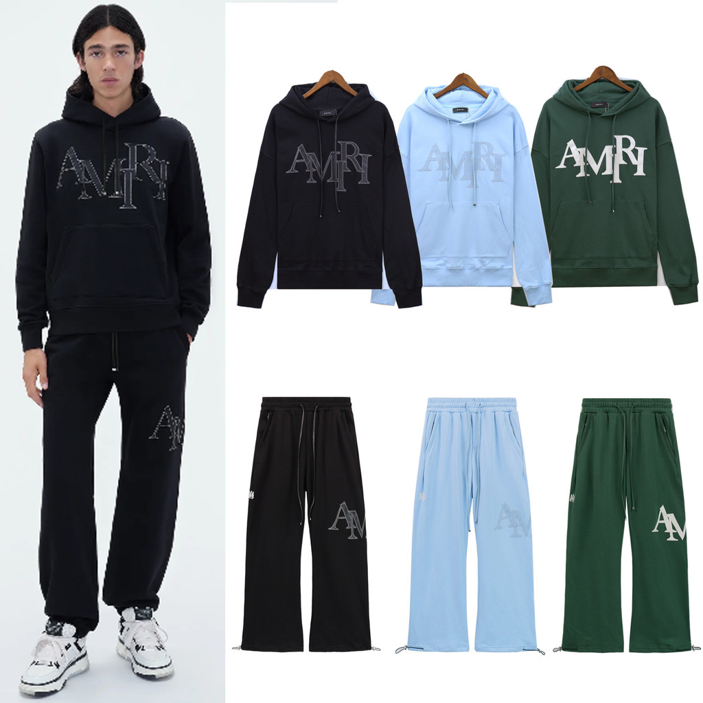 AMIRI สไตล์อเมริกันฤดูใบไม้ร่วงฤดูหนาวโลโก้พิมพ์รอบคอ Terry ผู้ชายผู้หญิงสไตล์เดียวกัน Casual Hoodie