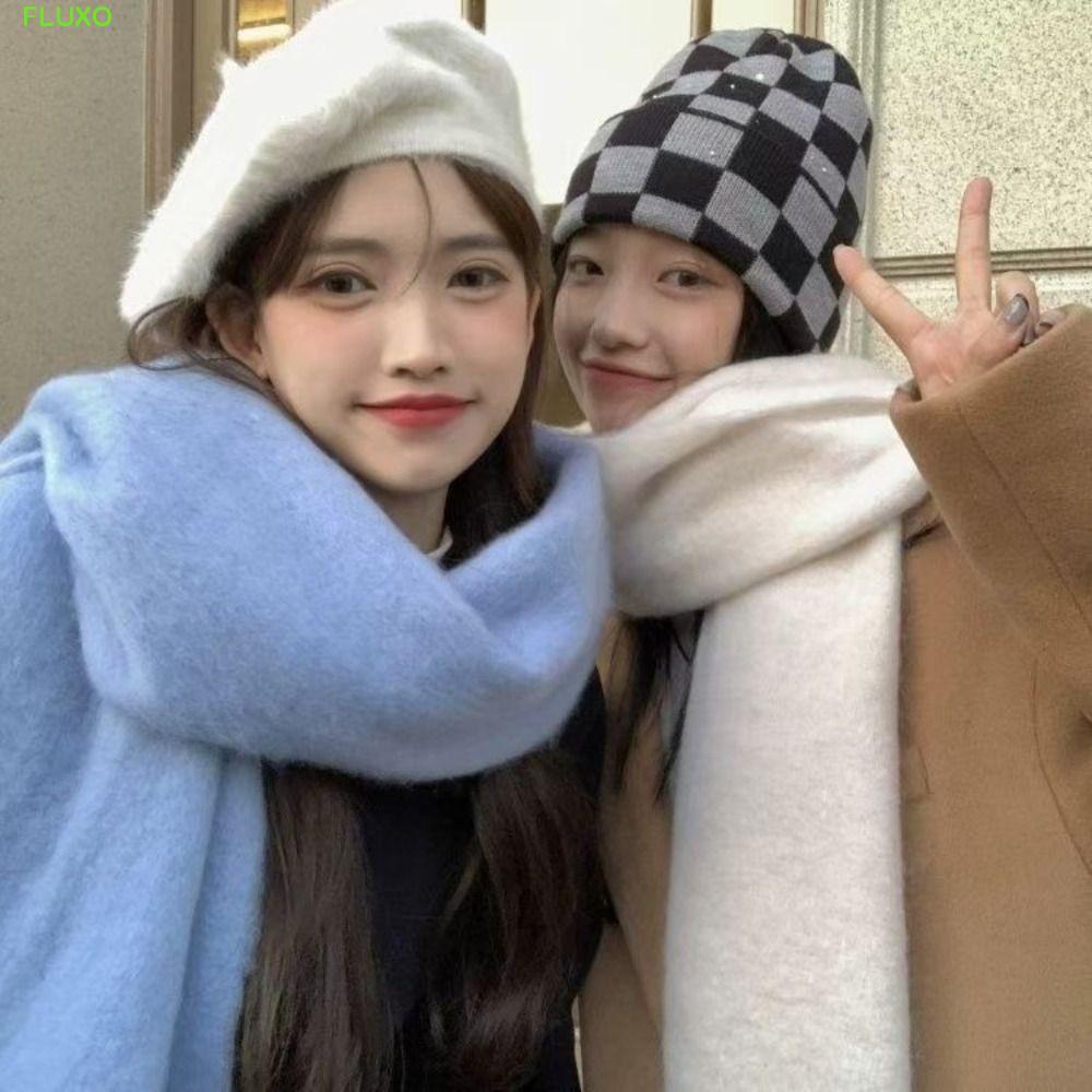 ฟลักซ์โซ ผ้าพันคอแคชเมียร์ อินเทรนด์สีทึบ กันลม สำหรับฤดูหนาวและกลางแจ้งสไตล์เกาหลี