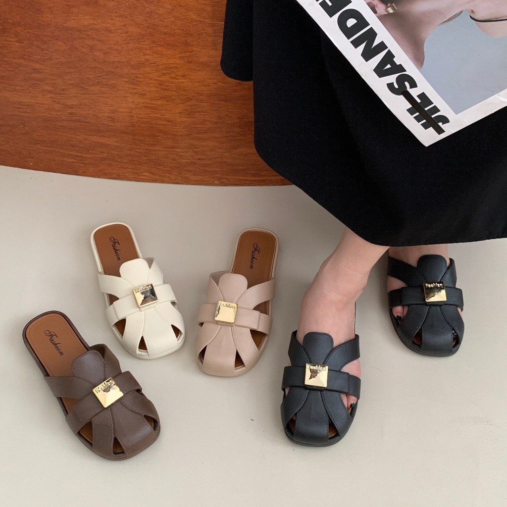 MUHANLU รองเท้าแตะผู้หญิง แฟชั่น ส้นแบน พื้นนุ่ม ฤดูร้อน ระบายอากาศ ใส่ไปข้างนอก แบบสวม กันลื่น BB024