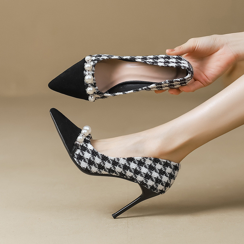 คุณภาพรองเท้าผู้หญิง Houndstooth Furry รองเท้าส้นสูงผู้หญิงฤดูใบไม้ร่วงฤดูหนาว Stiletto All-Match Pr