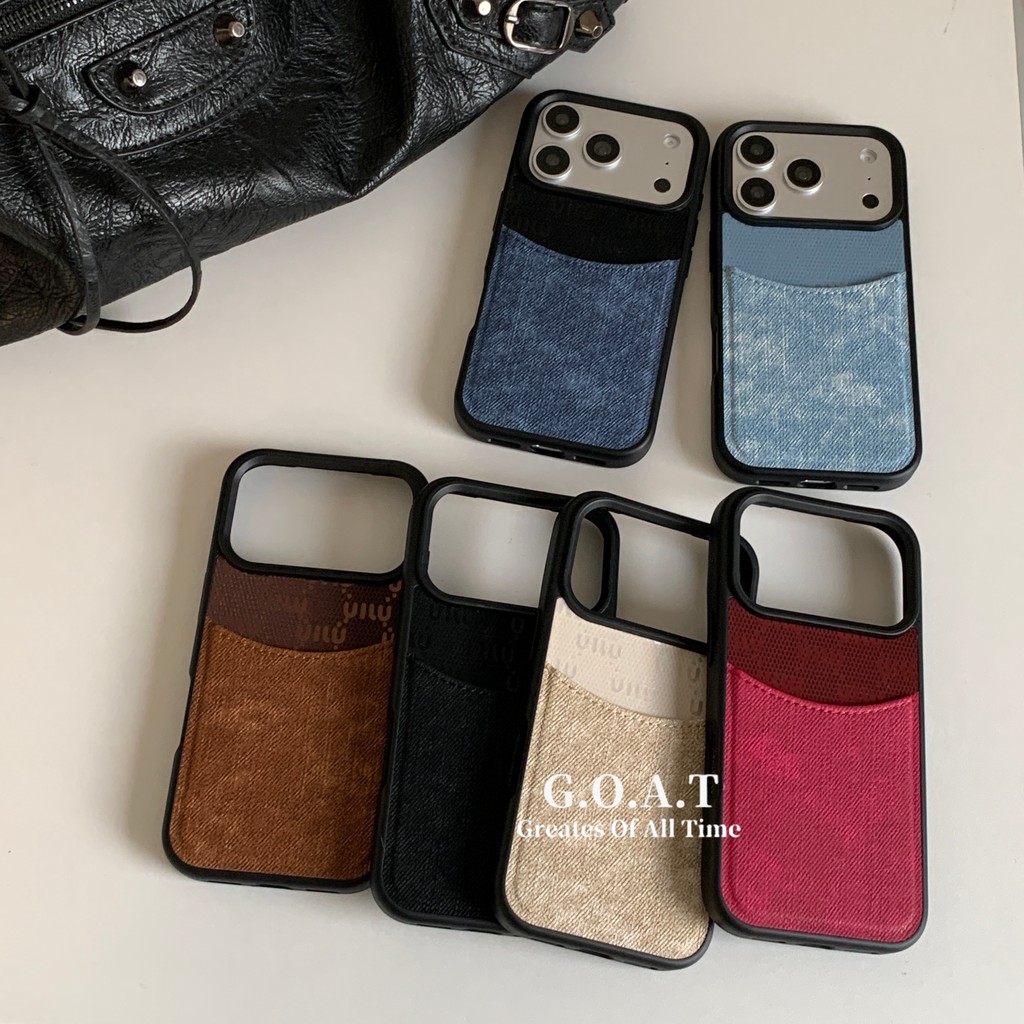 GOAT ปลอกกระเป๋าใส่การ์ดผ้ายีนส์ขอบสีดําสําหรับ iPhone 17 pro max iPhone 17 16 15 14 13 pro max ป้องกันการตกฝาหลัง