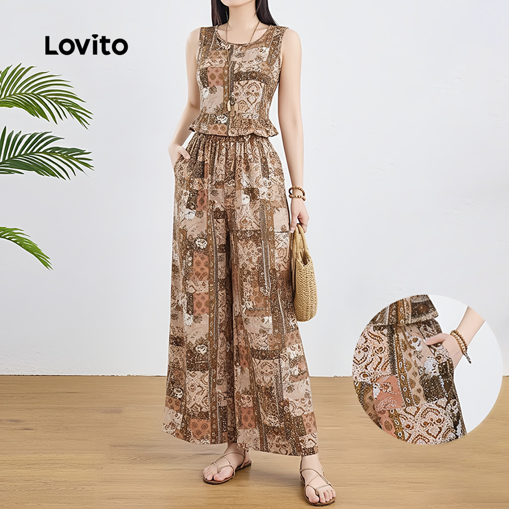 Lovito เสื้อผ้าสบาย ๆ หรือลงกางขาสไตล์รัฟเฟิลฮีมนำเข้ากางเกงฤดูใบไม้ผลิ/ฤดูร้อน L157ED046 – โปรปัง