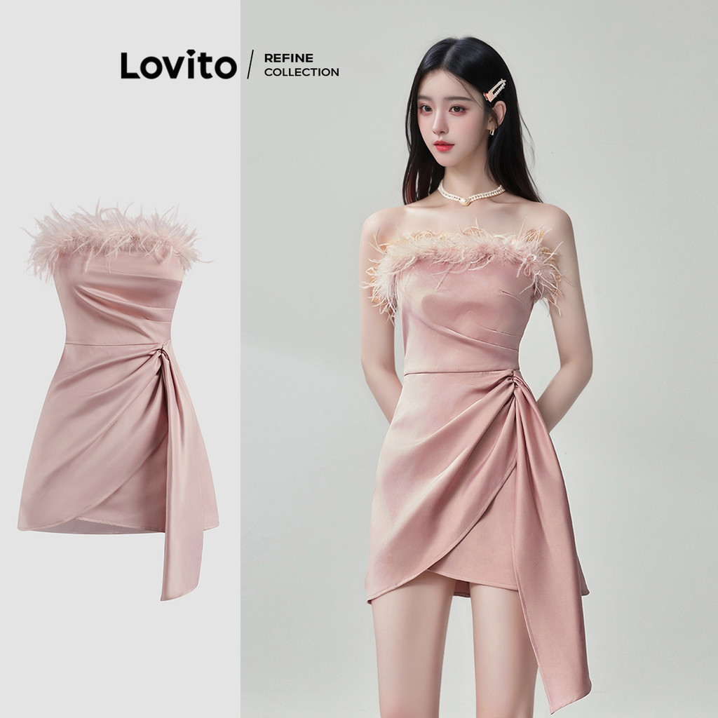 (Lovito Refine) ชุดเดรสน่ารัก ชุดเดรสจับจีบขนนกสีพื้นสําหรับผู้หญิง LR1AD019