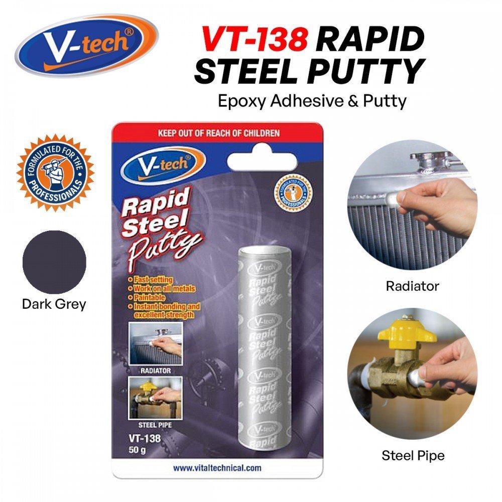 V-Tech VT-138 Rapid Steel Putty Epoxy Adhesive & Putty 75G – กาวอีพ็อกซี่สีเทาเข้ม Iron Paste แห้งเร